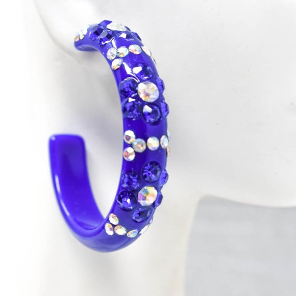 2" Flower Pattern Royal Lucite Rhinestone Earrings - Picture 6 of 12